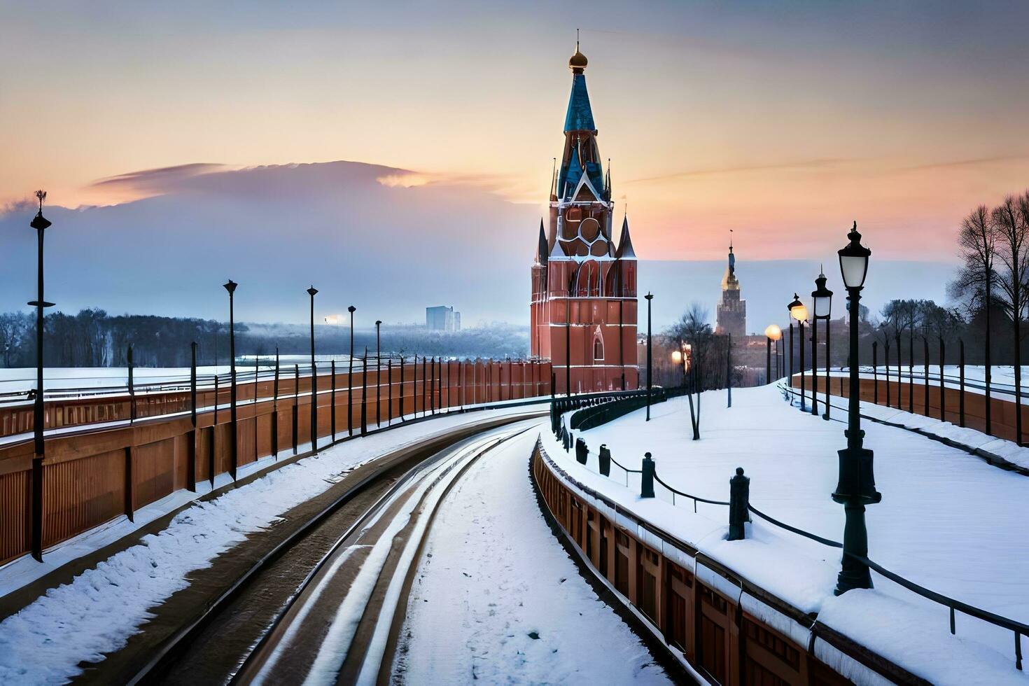 el kremlin y el kremenchuk torre en invierno. generado por ai foto