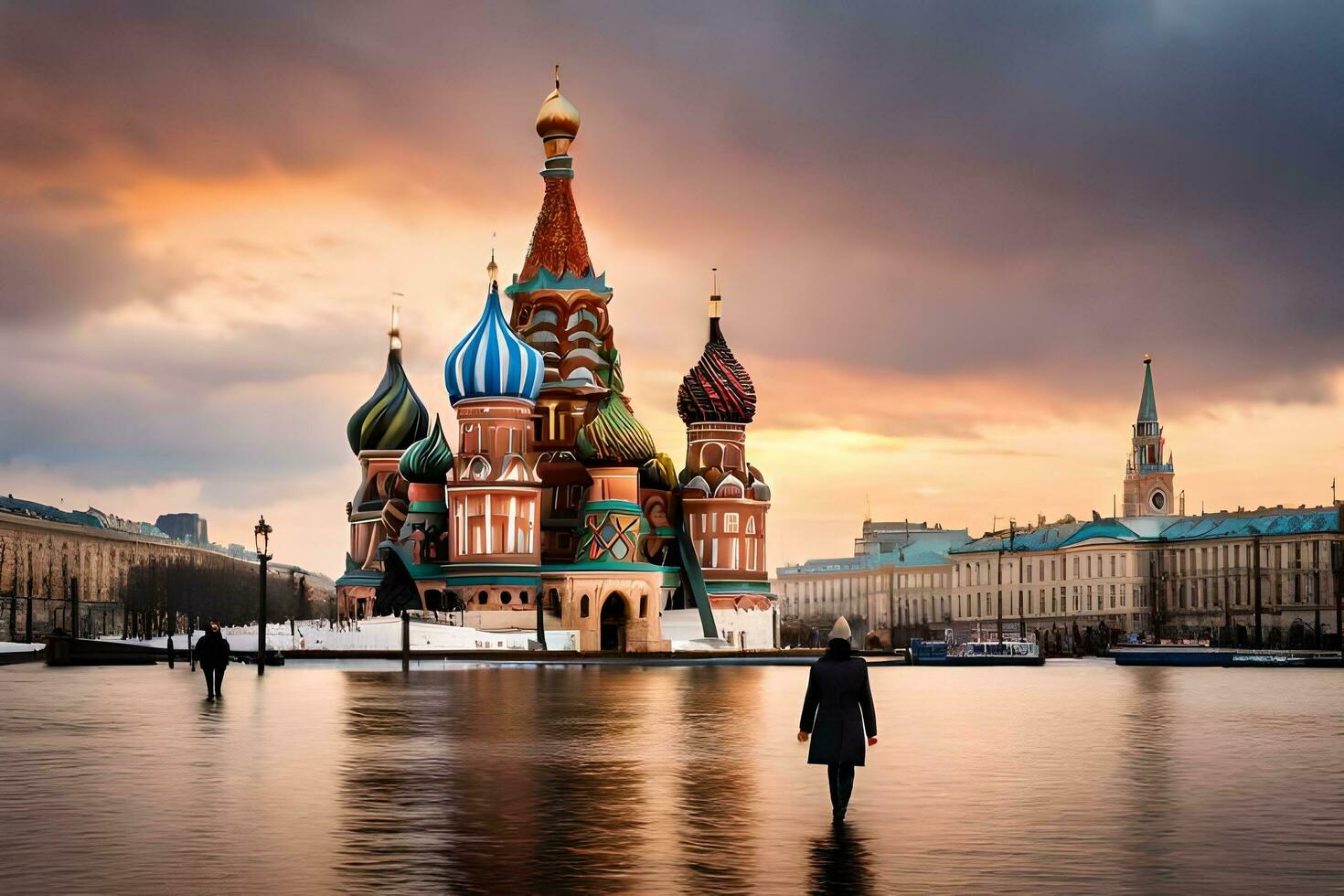 a person standing in front of the cathedral at sunset. AI-Generated photo