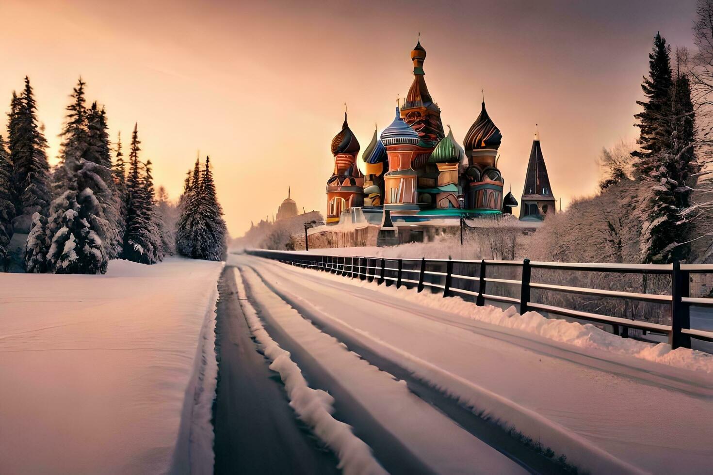 a snowy road leads to a church in the middle of a snowy forest. AI-Generated photo