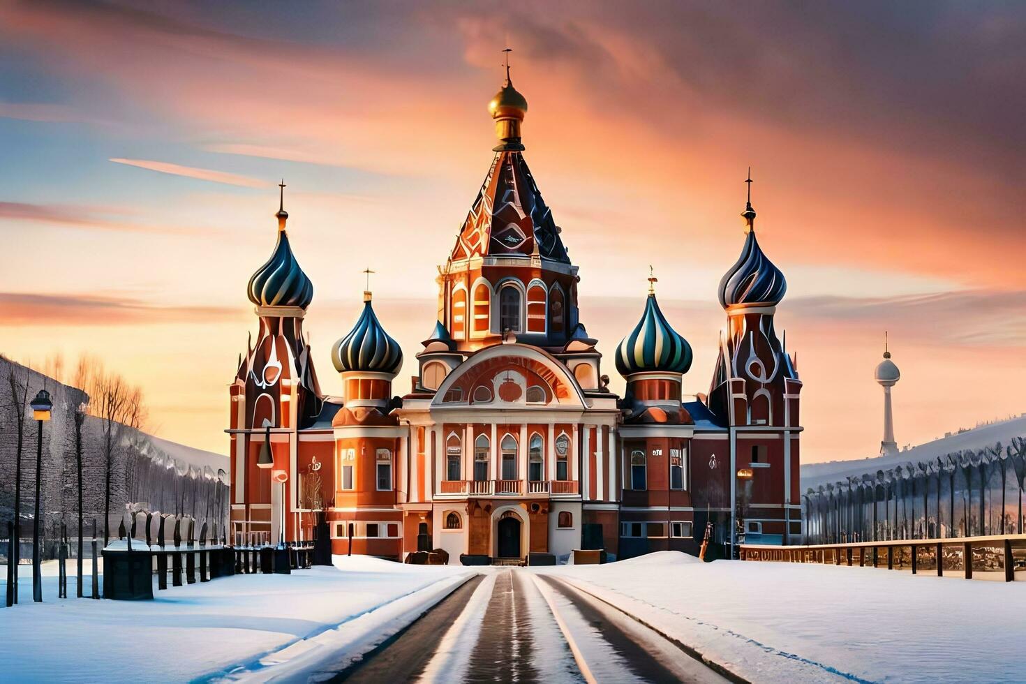 a church is shown in the snow at sunset. AI-Generated photo