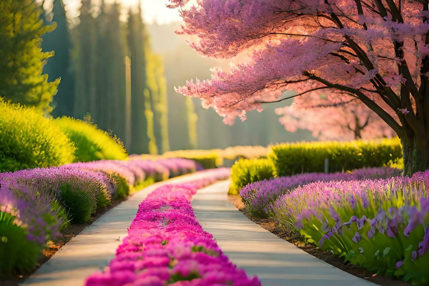 a pathway lined with pink flowers and trees. AI-Generated photo