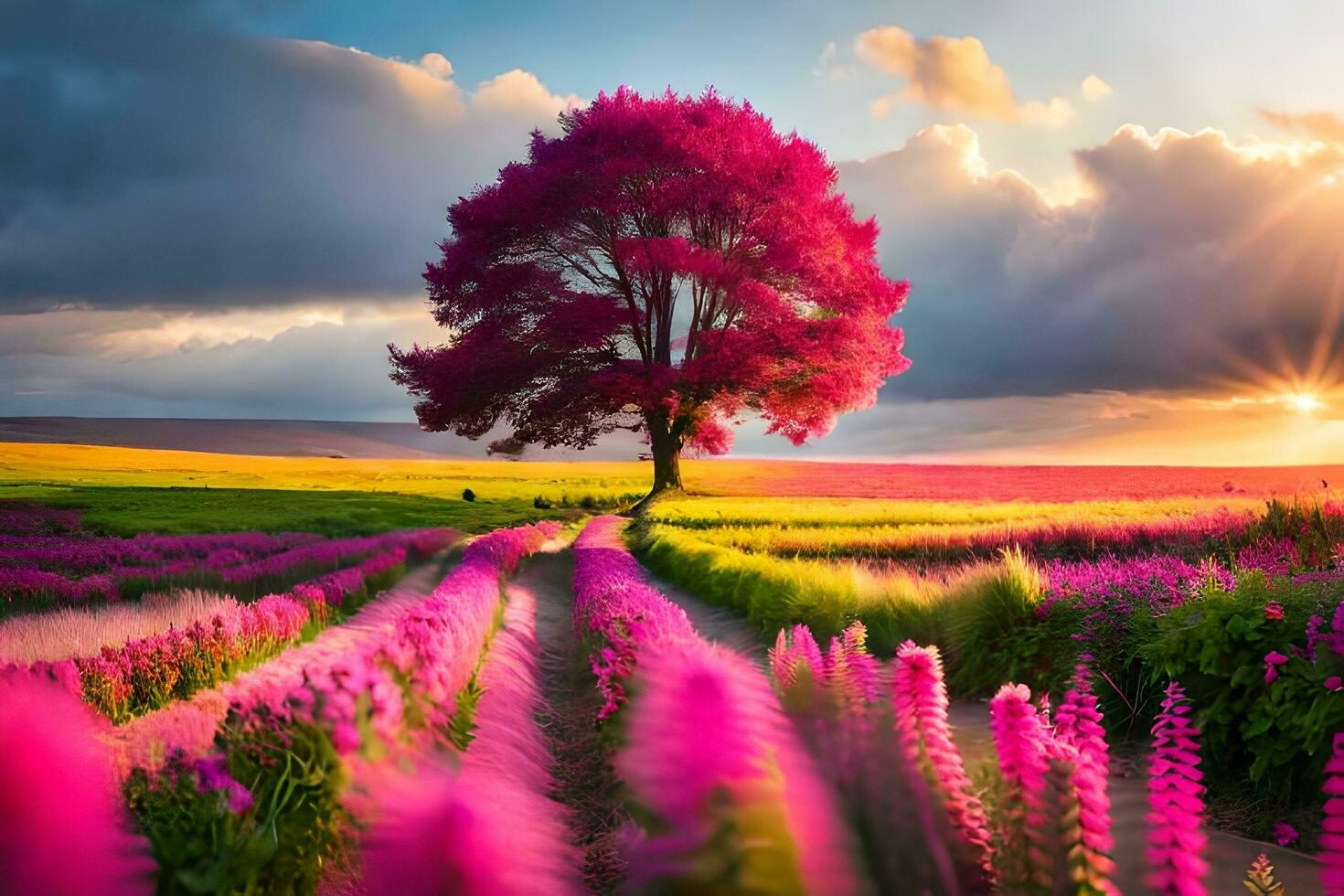 a pink tree stands in the middle of a field. AI-Generated photo