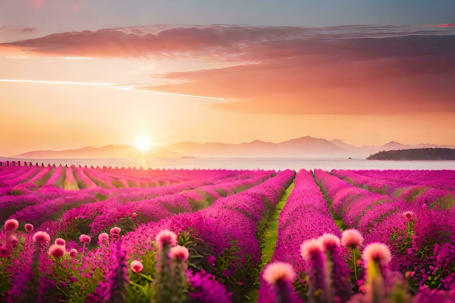a field of purple flowers at sunset. AI-Generated photo