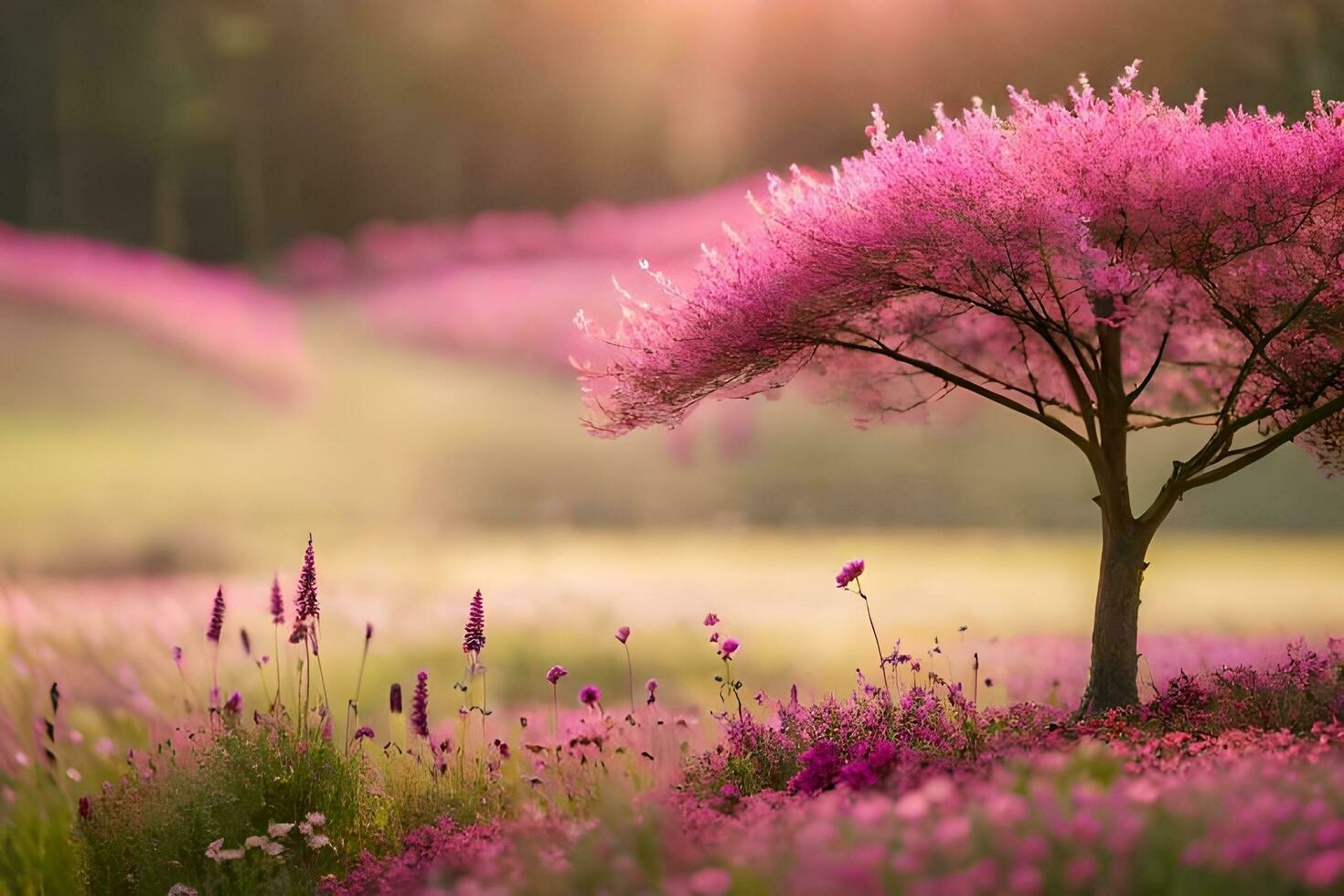 a pink tree stands in a field of flowers. AI-Generated photo