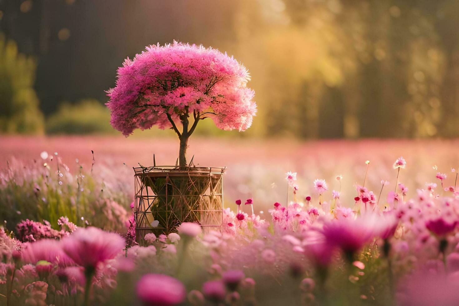 a pink tree stands in a field of flowers. AI-Generated photo