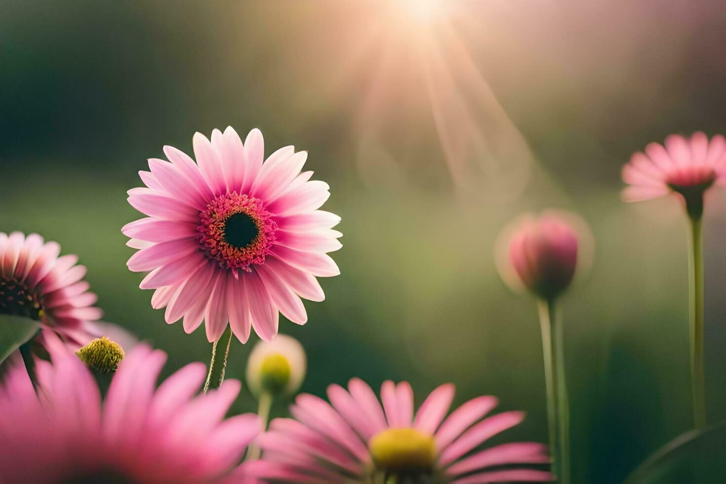 pink flowers in the sun with a green background. AI-Generated photo