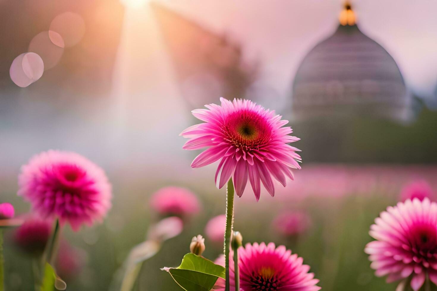 pink flowers in a field with a church in the background. AI-Generated photo