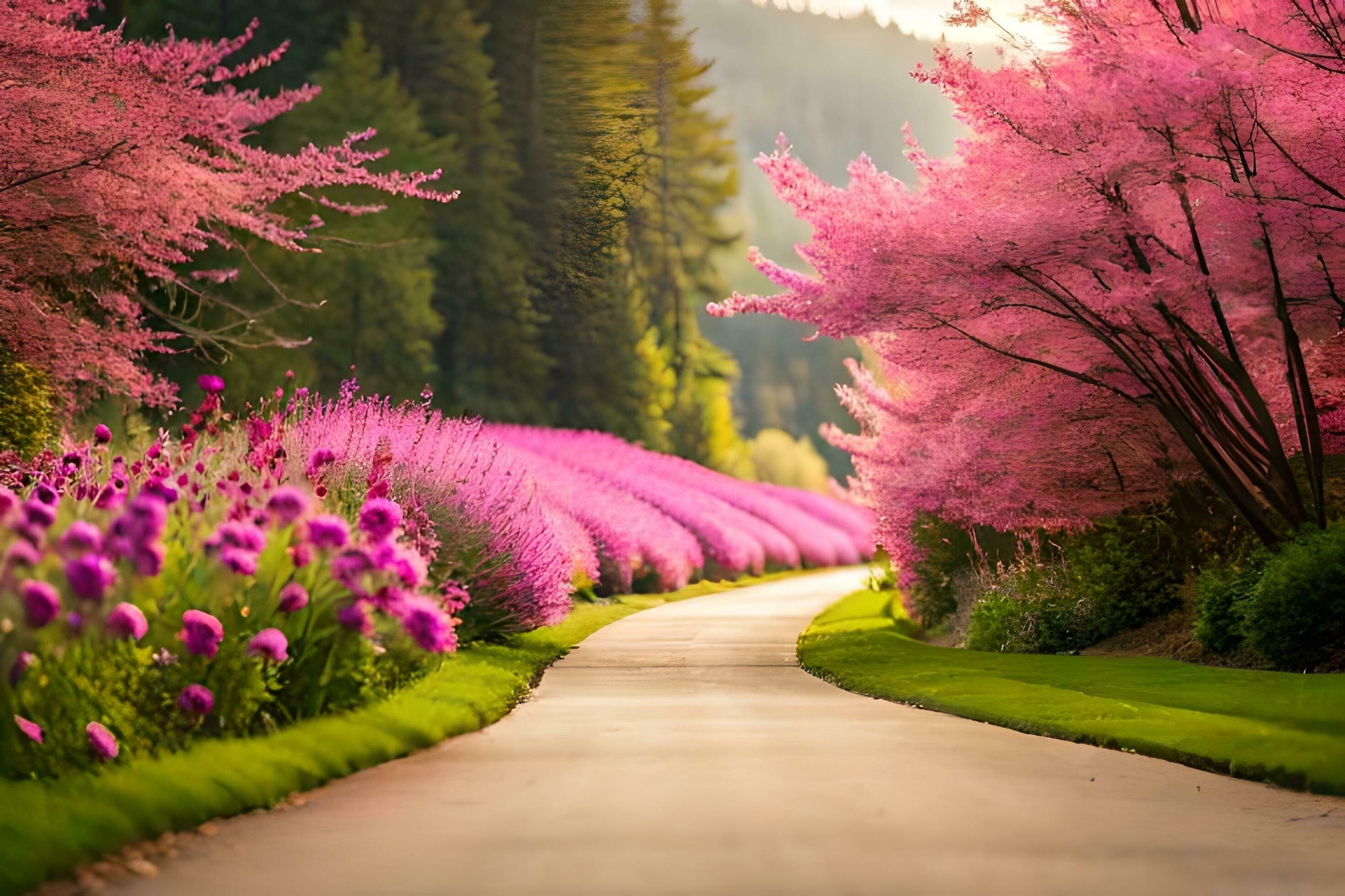 a road lined with pink flowers and trees. AI-Generated