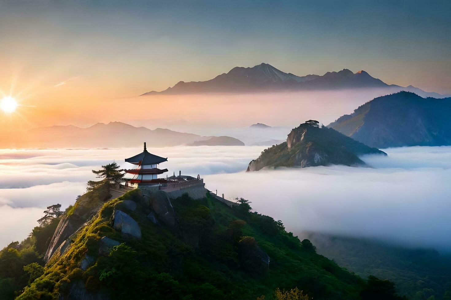 the sun rises over a pagoda on top of a mountain. AI-Generated photo