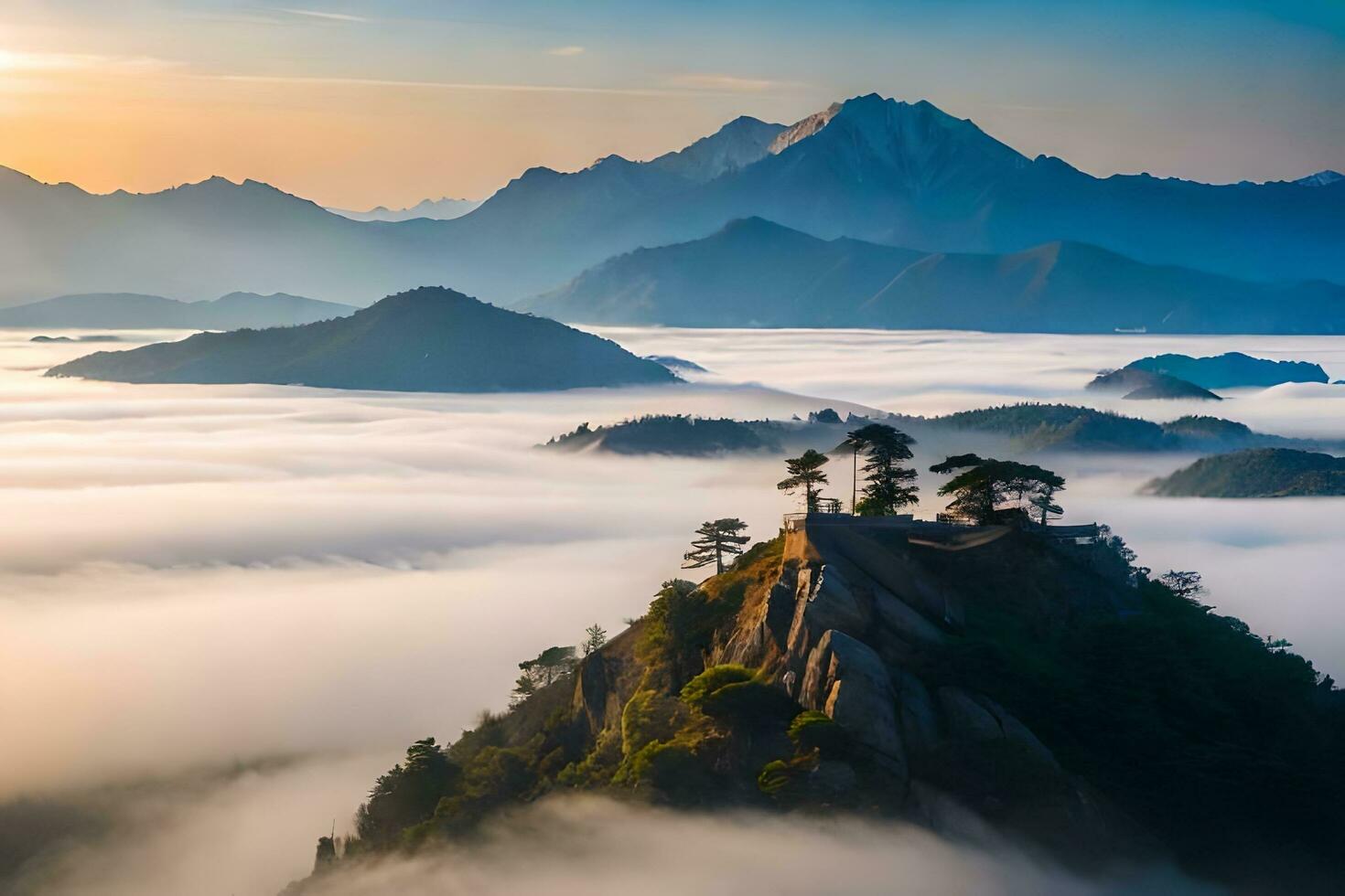 the sunrise over the mountains and fog in china. AI-Generated photo