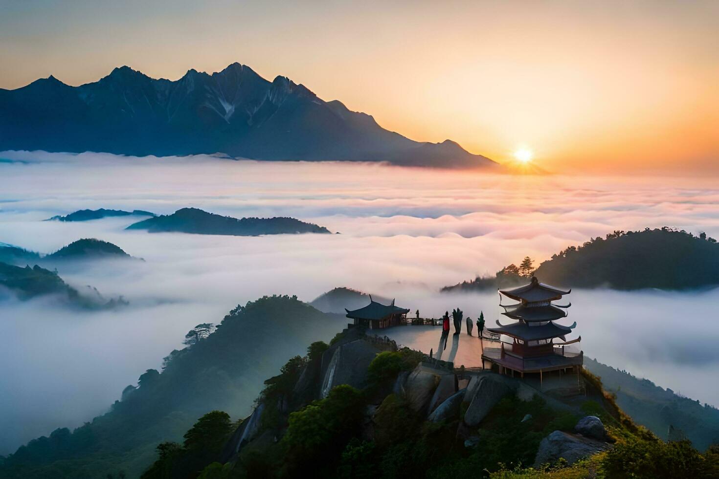 a pagoda sits on top of a mountain with fog in the background. AI-Generated photo