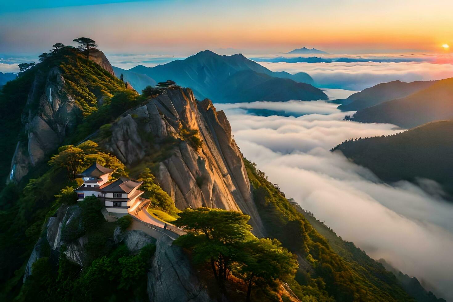the sunrise over the mountains and clouds in china. AI-Generated photo