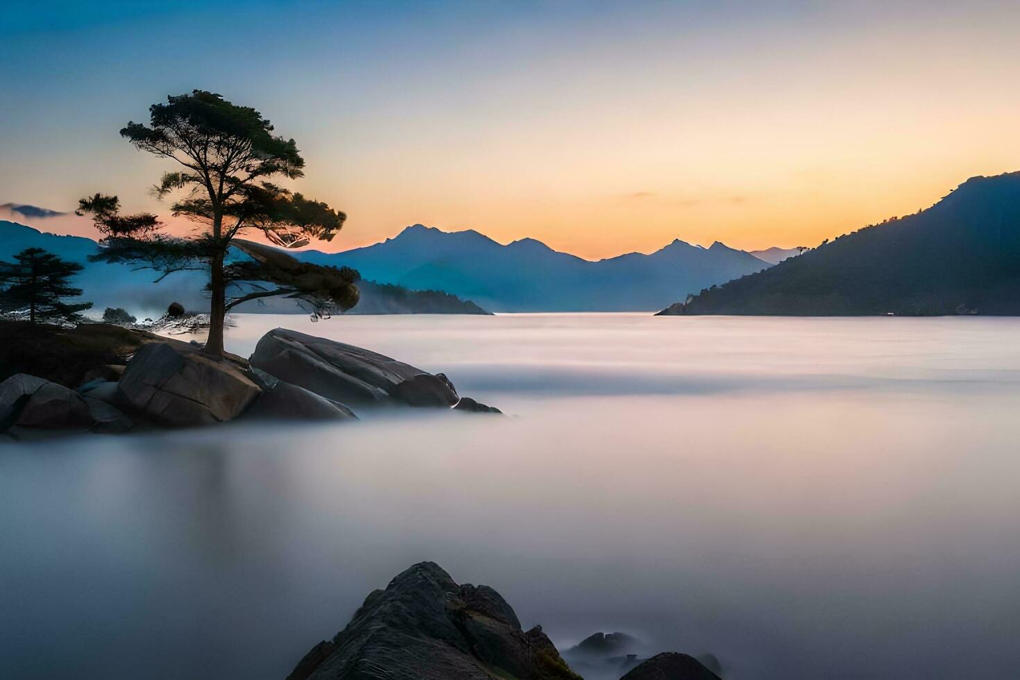 a lone tree stands on the shore of a lake at sunset. AI-Generated photo