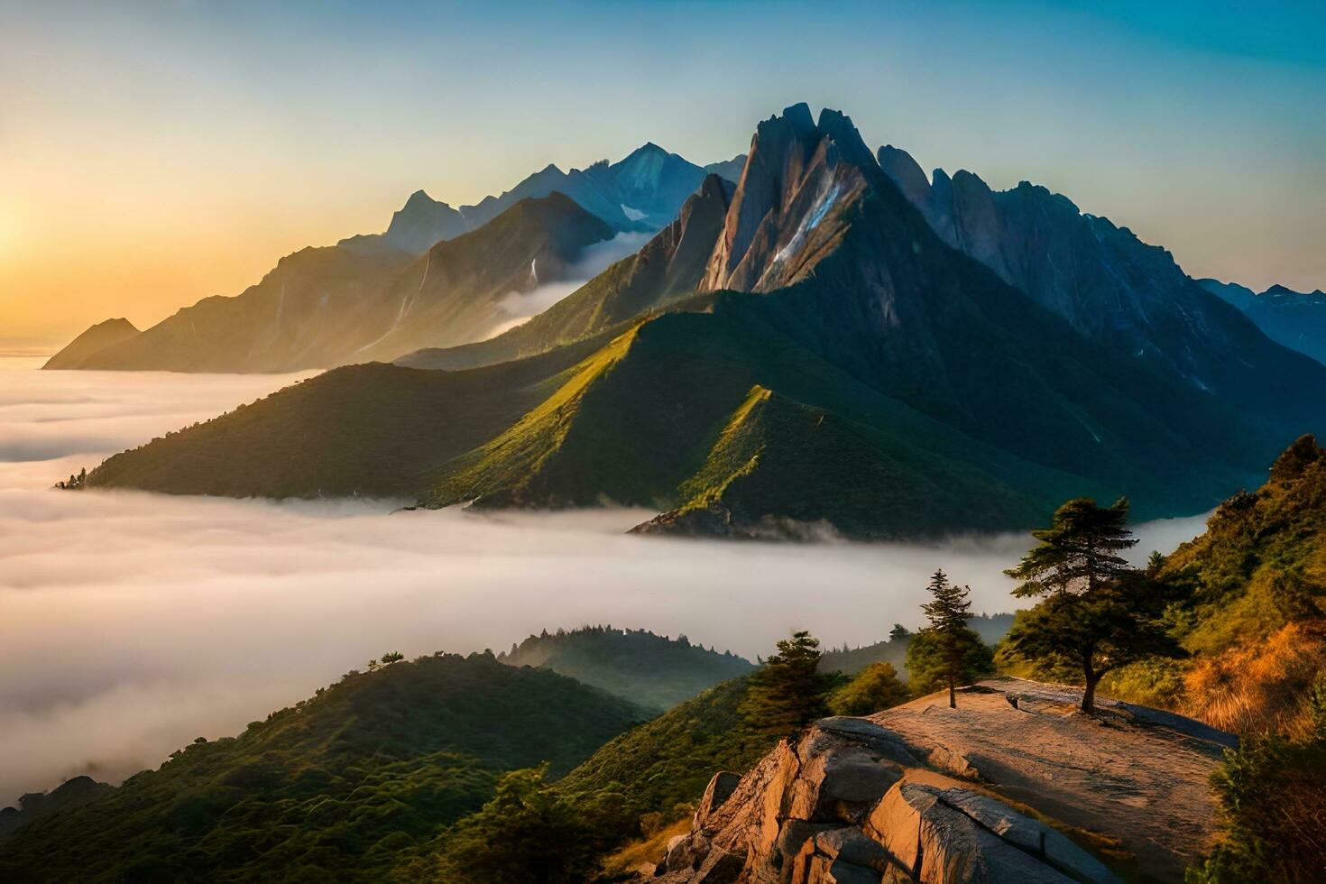 el montañas son cubierto en niebla a amanecer. generado por ai foto