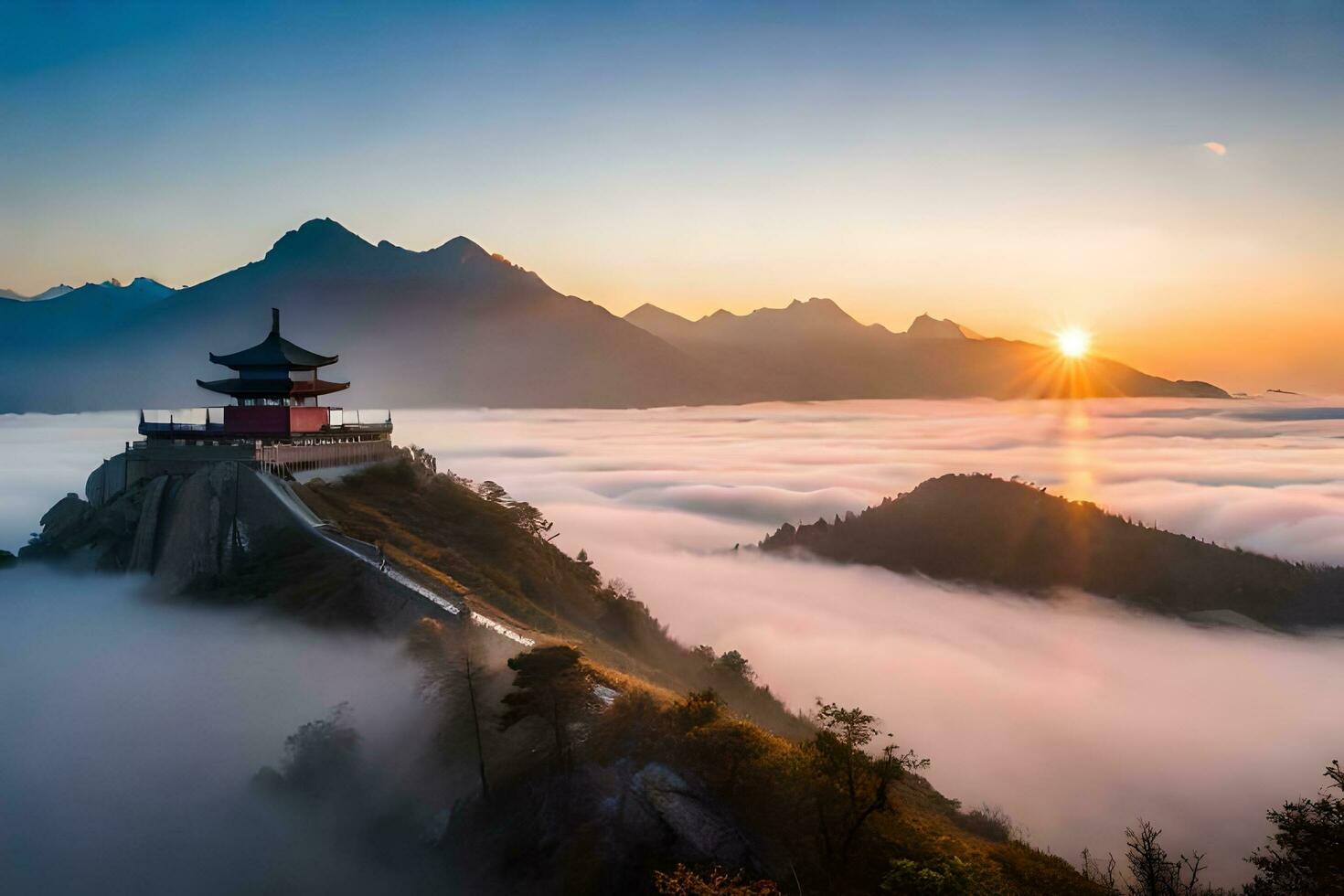 a pagoda sits on top of a mountain with fog. AI-Generated photo