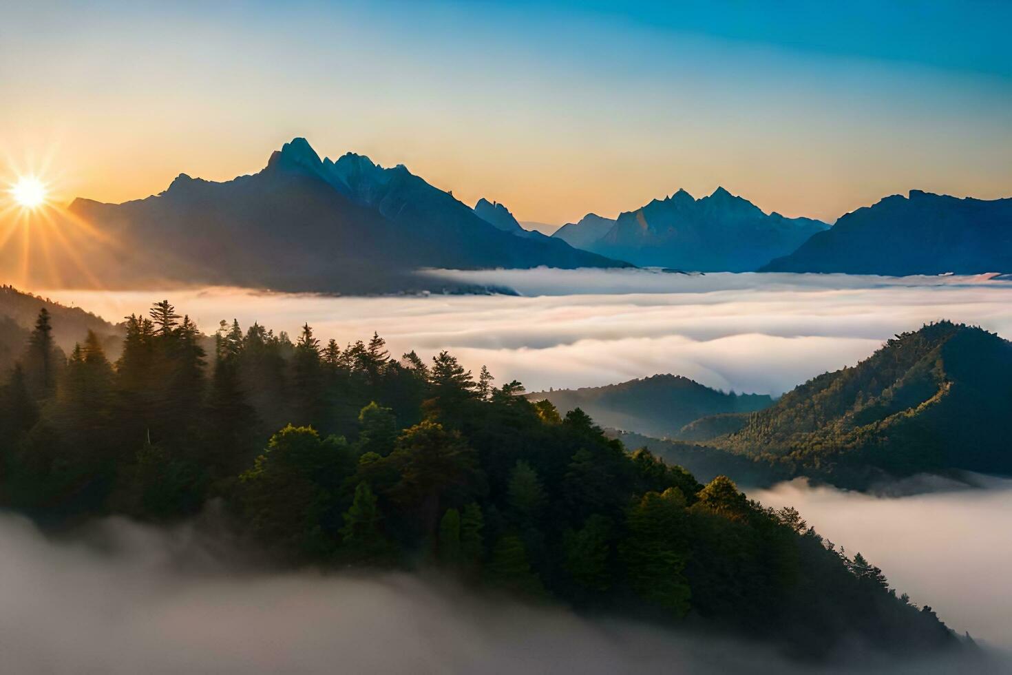 el Dom sube terminado el montañas y niebla en esta foto. generado por ai foto