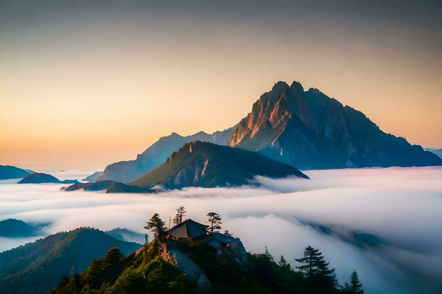 a mountain range with fog and clouds above it. AI-Generated photo