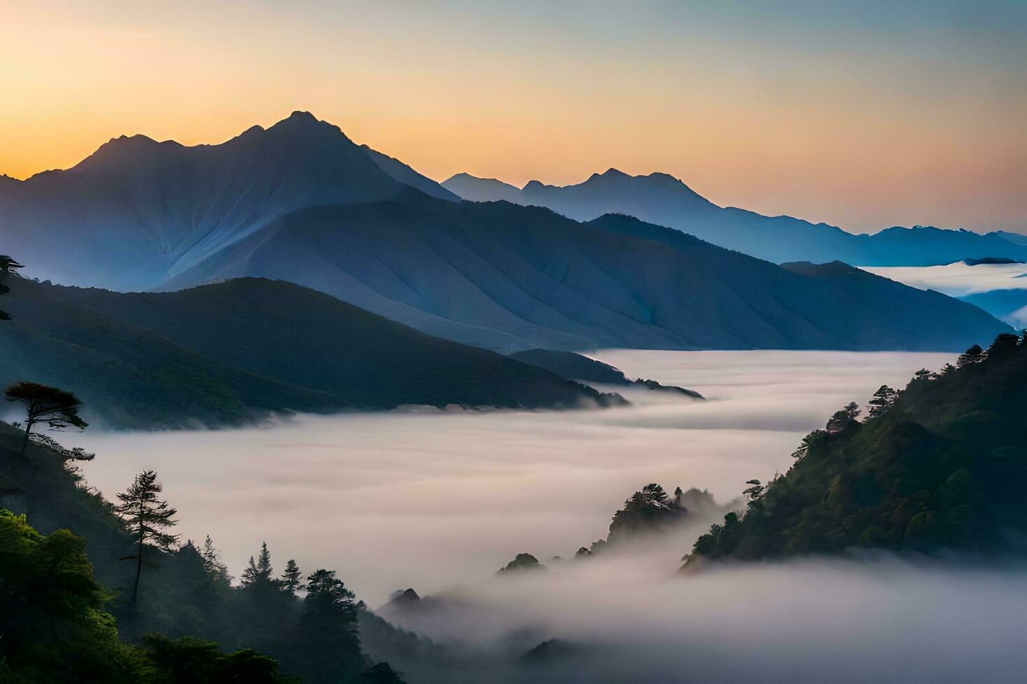 a beautiful view of mountains and fog in the morning. AI-Generated photo