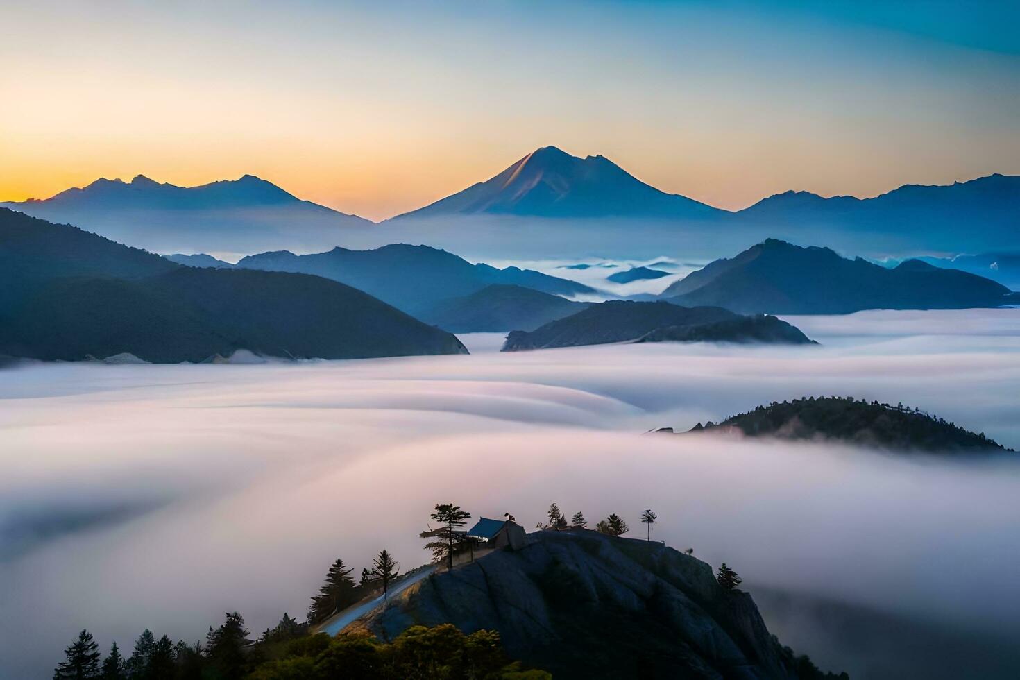 un montaña rango con niebla y nubes encima él. generado por ai foto