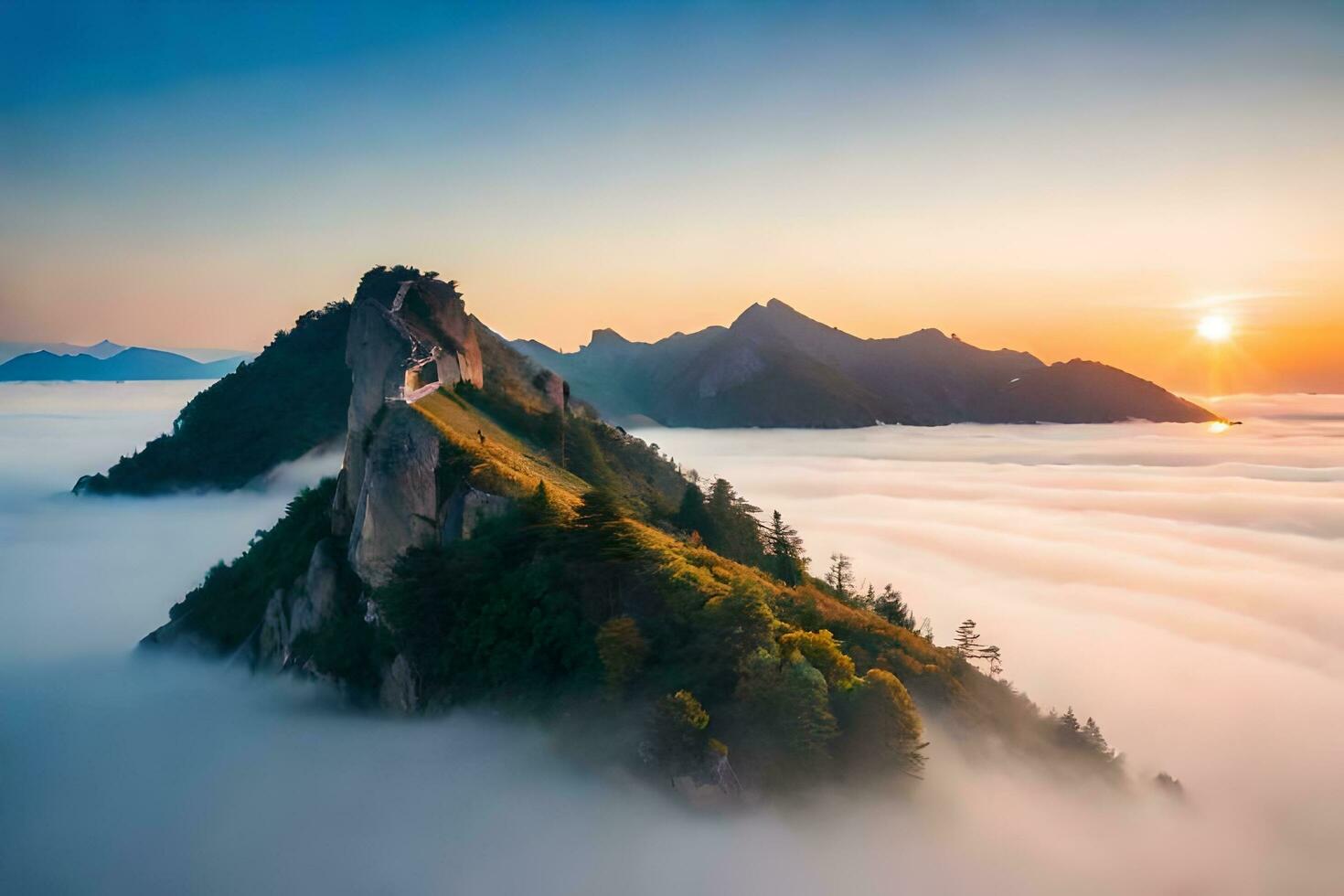 sunrise over the mountains and fog. AI-Generated photo