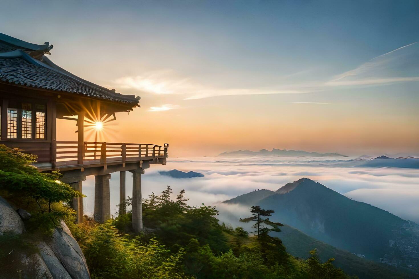 chinese pagoda on top of mountain with fog in the background. AI-Generated photo