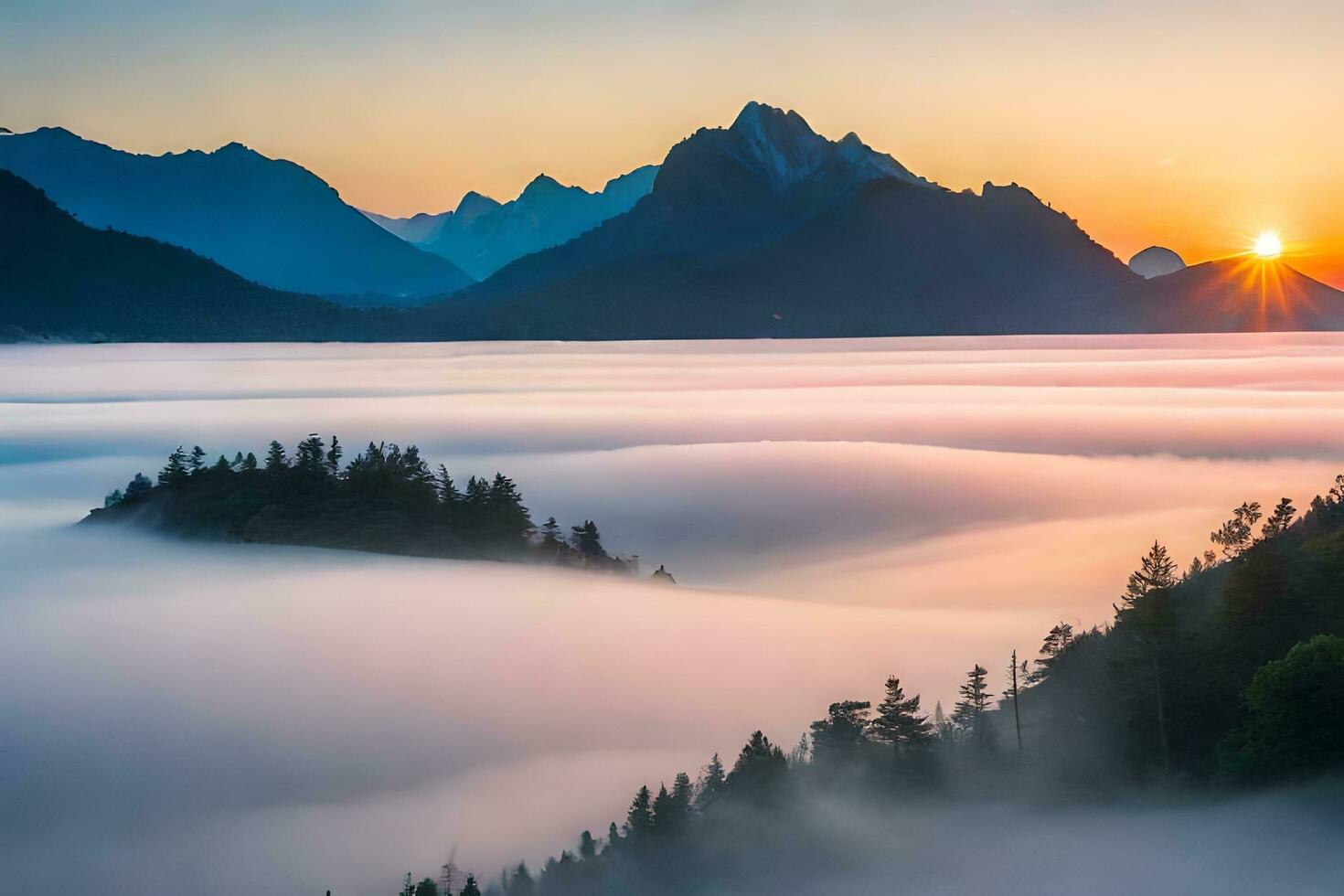 the sun rises over the mountains and fog in this photo. AI-Generated photo