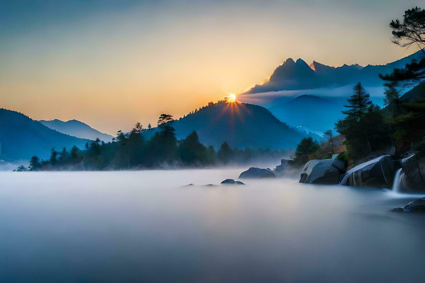 the sun rises over a mountain range and a lake. AI-Generated photo