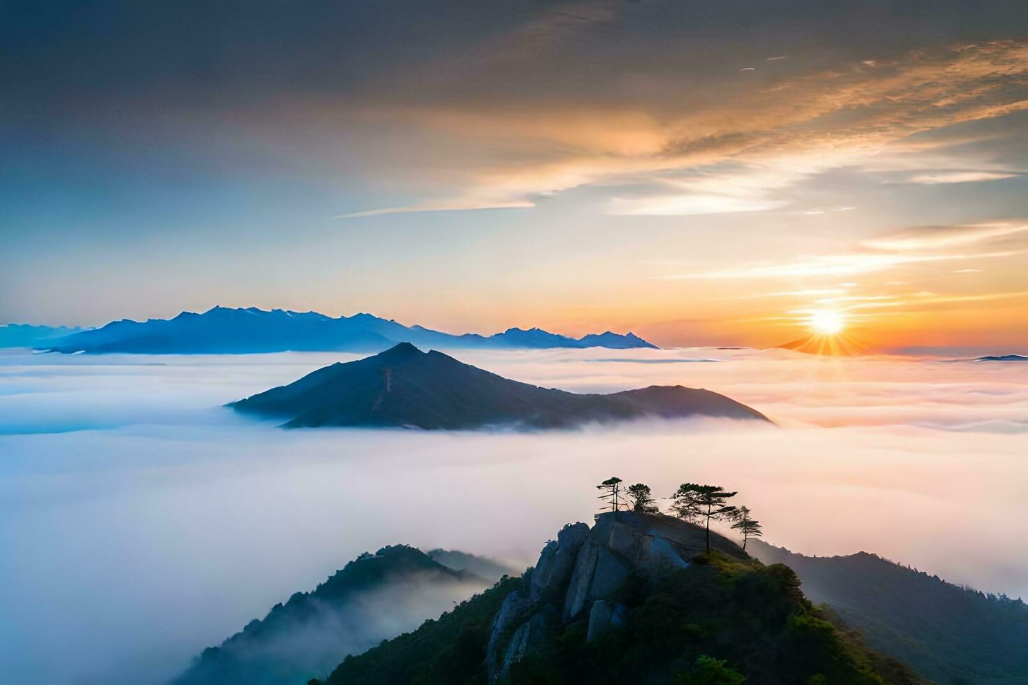 the sun rises over the clouds in the mountains. AI-Generated photo