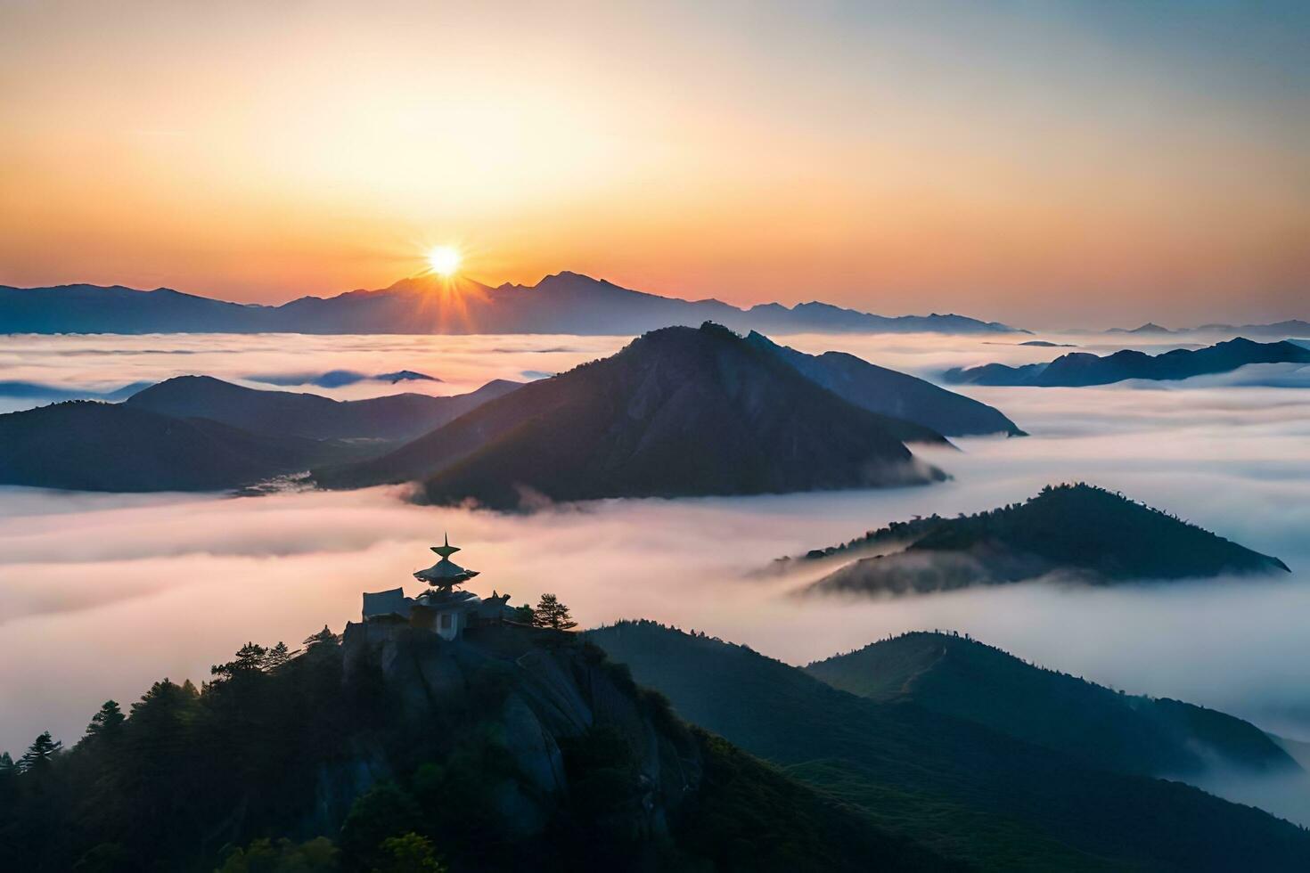 the sun rises over the mountains and fog. AI-Generated photo