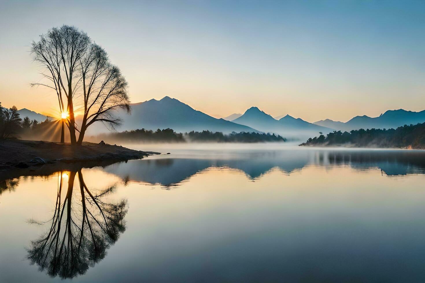 a tree stands in the middle of a lake at sunrise. AI-Generated photo