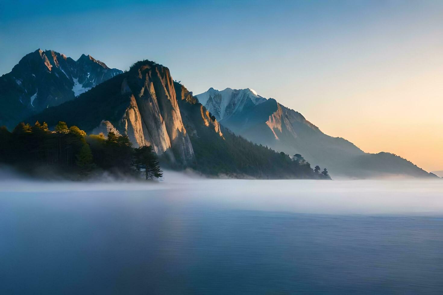 a mountain range is seen in the distance with fog. AI-Generated photo