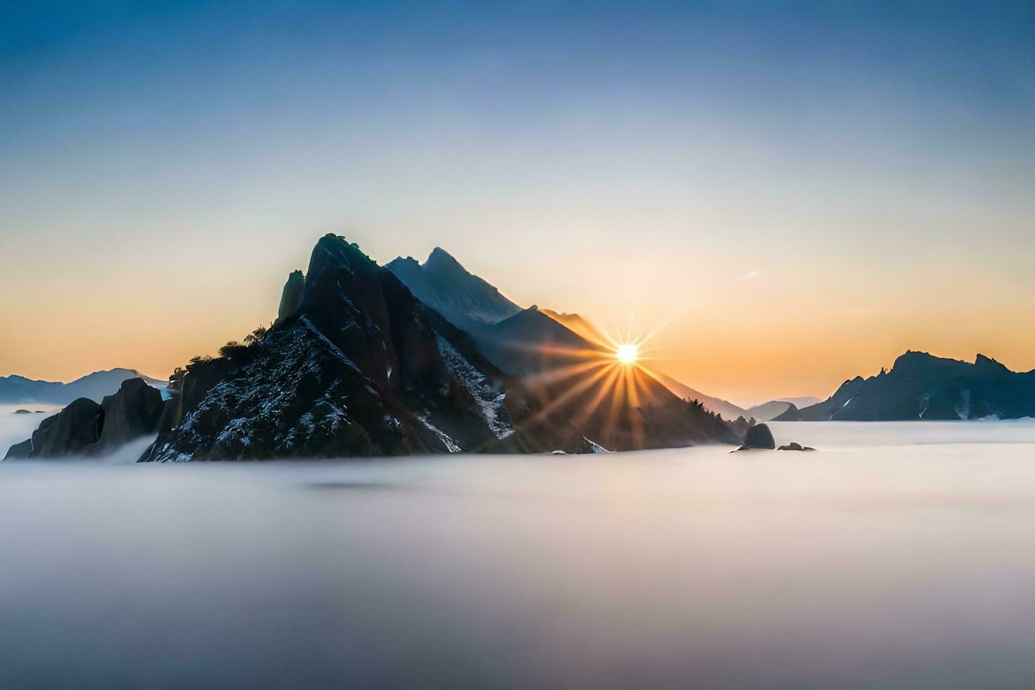 the sun rises over a mountain range in the fog. AI-Generated photo