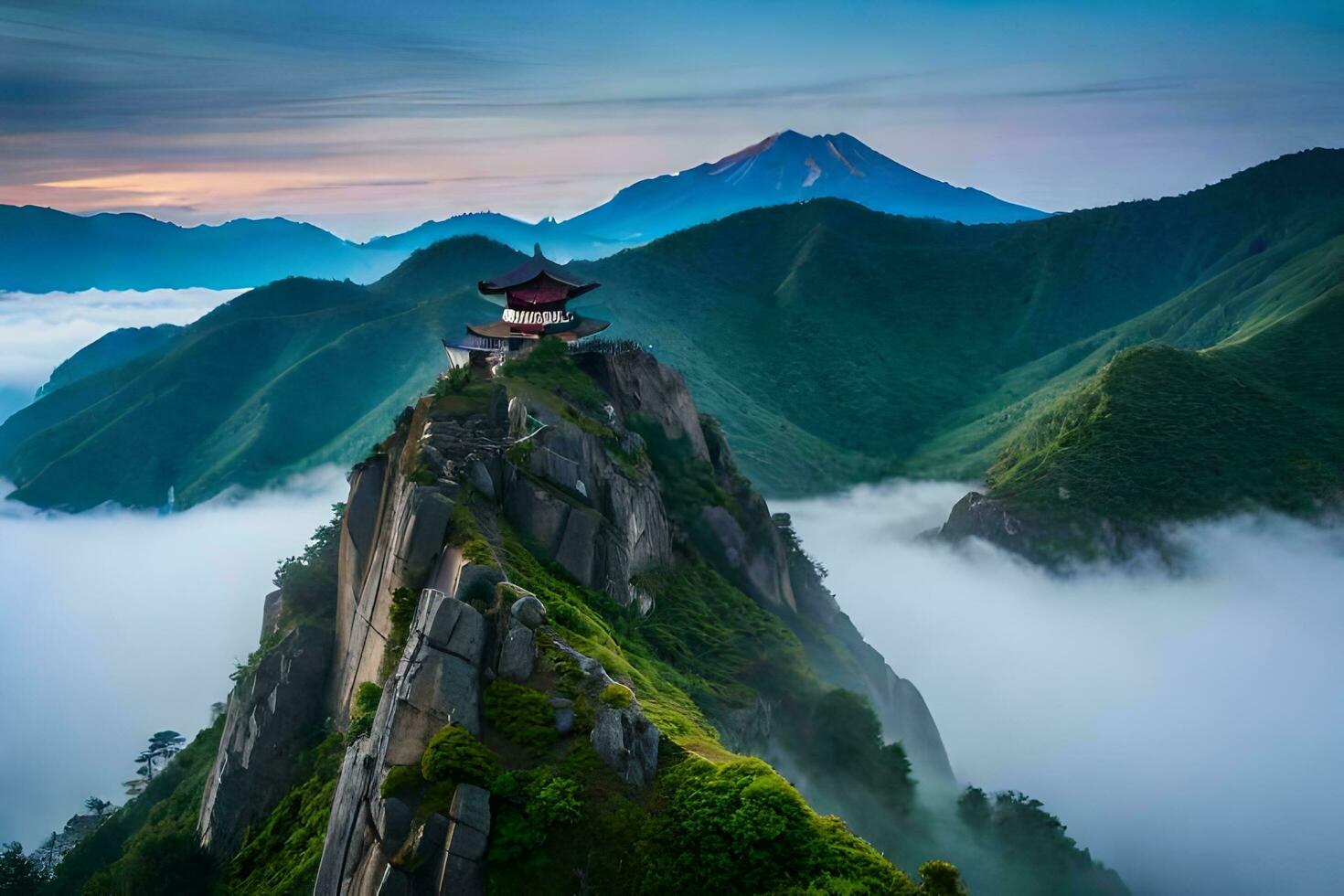 a pagoda sits on top of a mountain in the clouds. AI-Generated photo