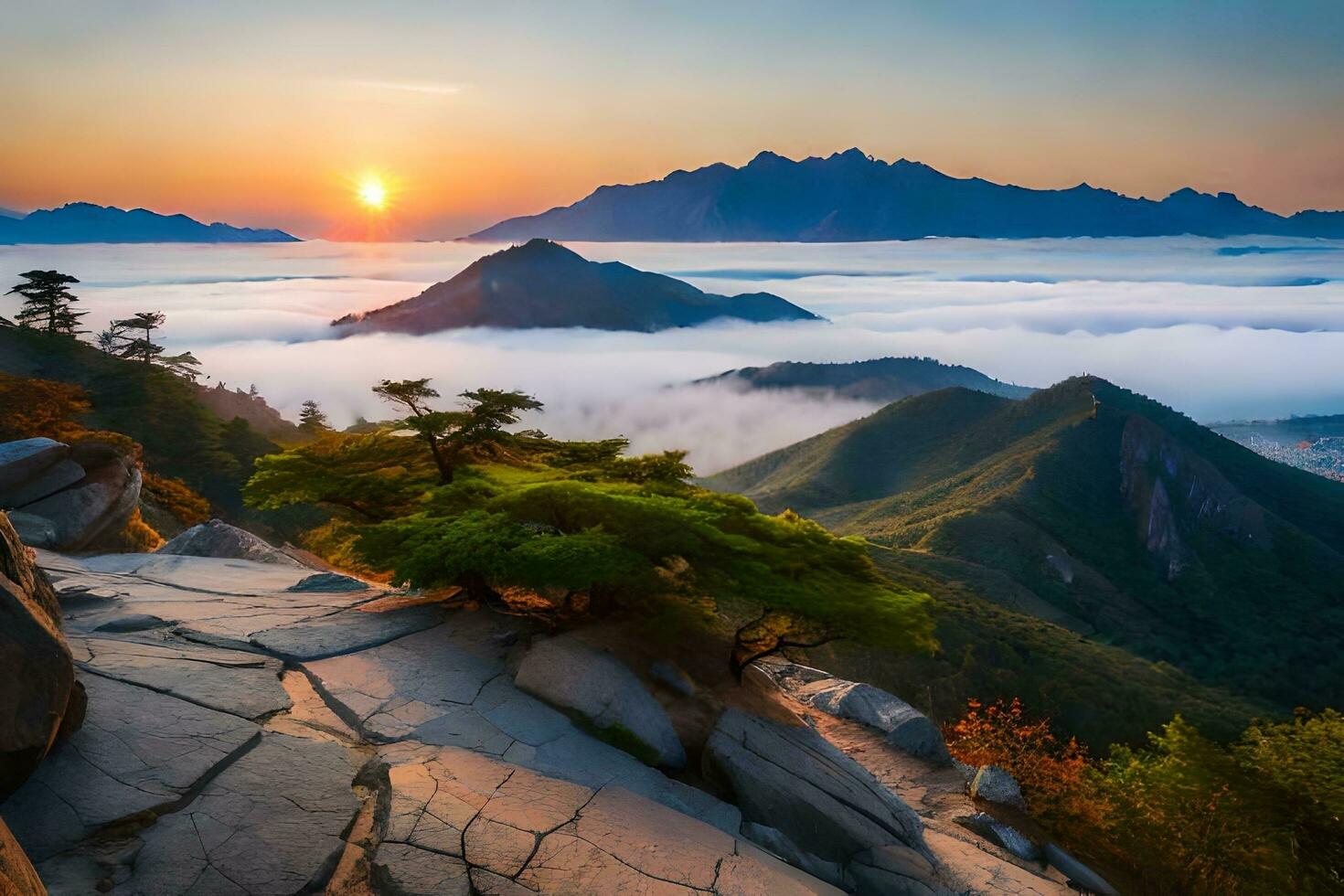 the sunrise over the mountains and fog. AI-Generated photo