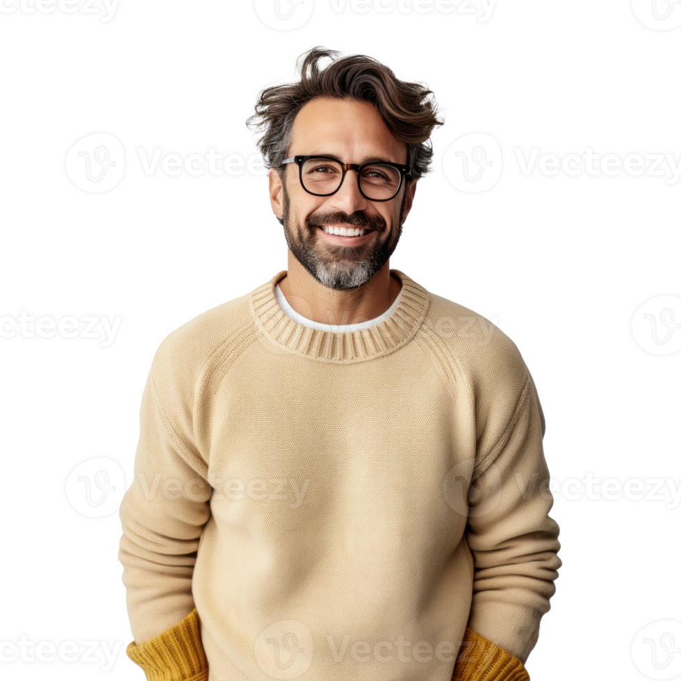 A Positive Young Man with a Beard, Wearing a Casual Sweater and Glasses png