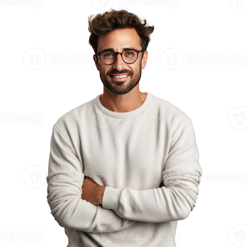 A Positive Young Man with a Beard, Wearing a Casual Sweater and Glasses png