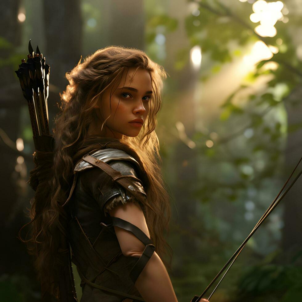 Beautiful forest hunter with bow and arrow AI Generative photo