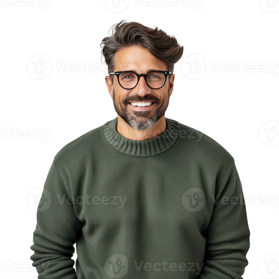 A Positive Young Man with a Beard, Wearing a Casual Sweater and Glasses png