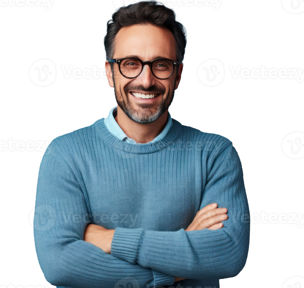 A Positive Young Man with a Beard, Wearing a Casual Sweater and Glasses