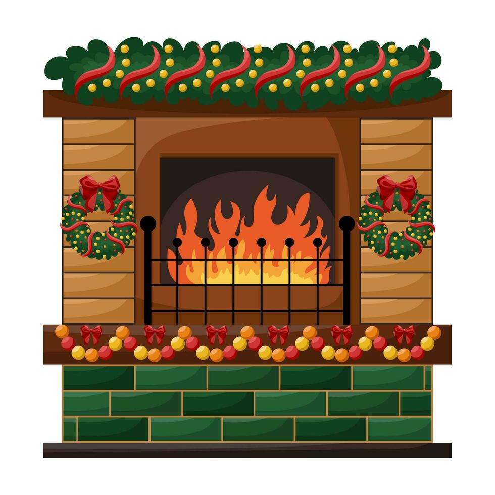 Fireplace with burning fire isolated on white background. Vector cartoon home hearth made of marble, brick, iron with wood, flame, chimney. Cozy fireplace with Christmas decorations, wreaths, garland