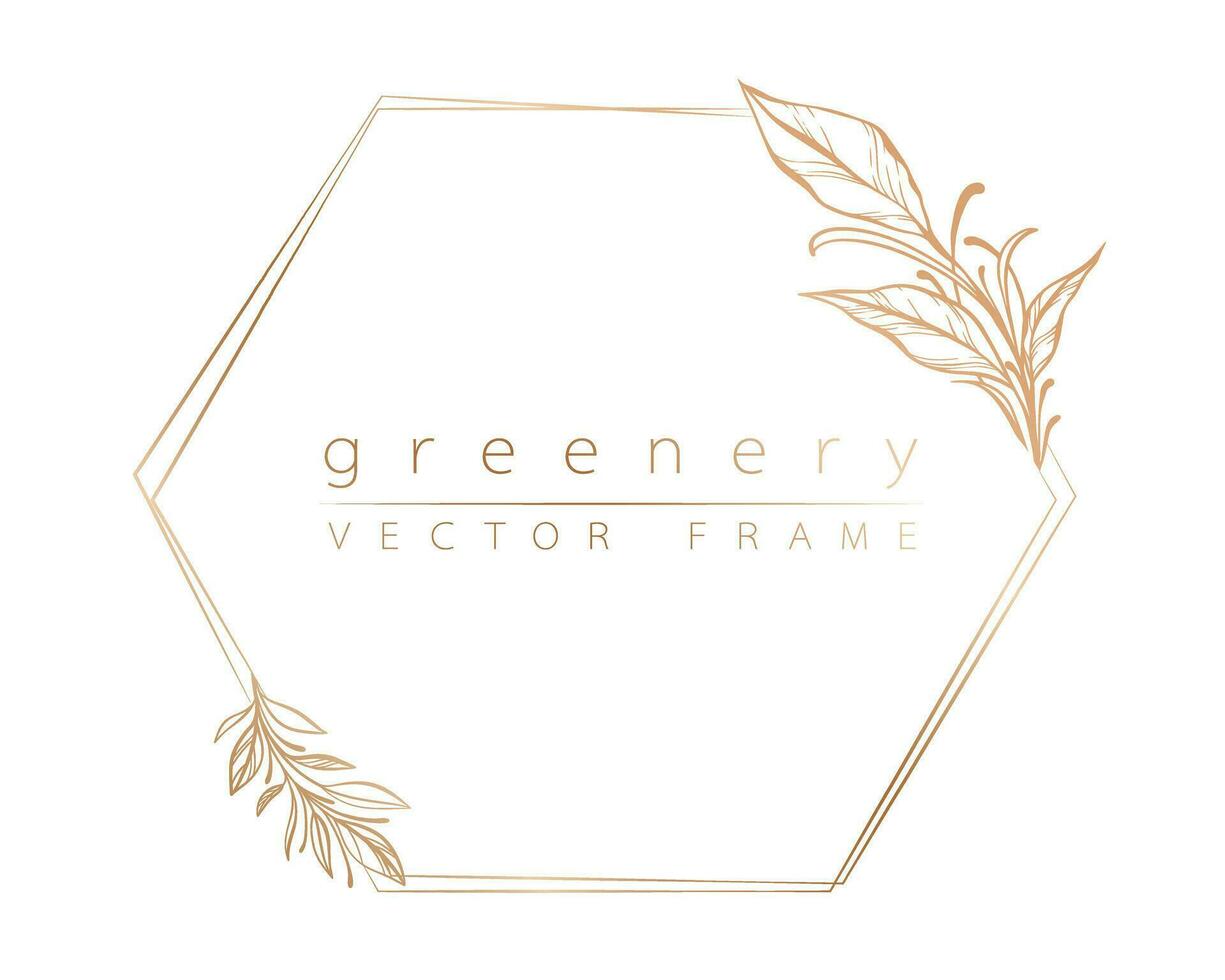 Botanical gold line illustration of leaves and branch wreath for wedding invitation and cards, logo design, web, social media and posters template. Elegant minimal style floral vector isolated.