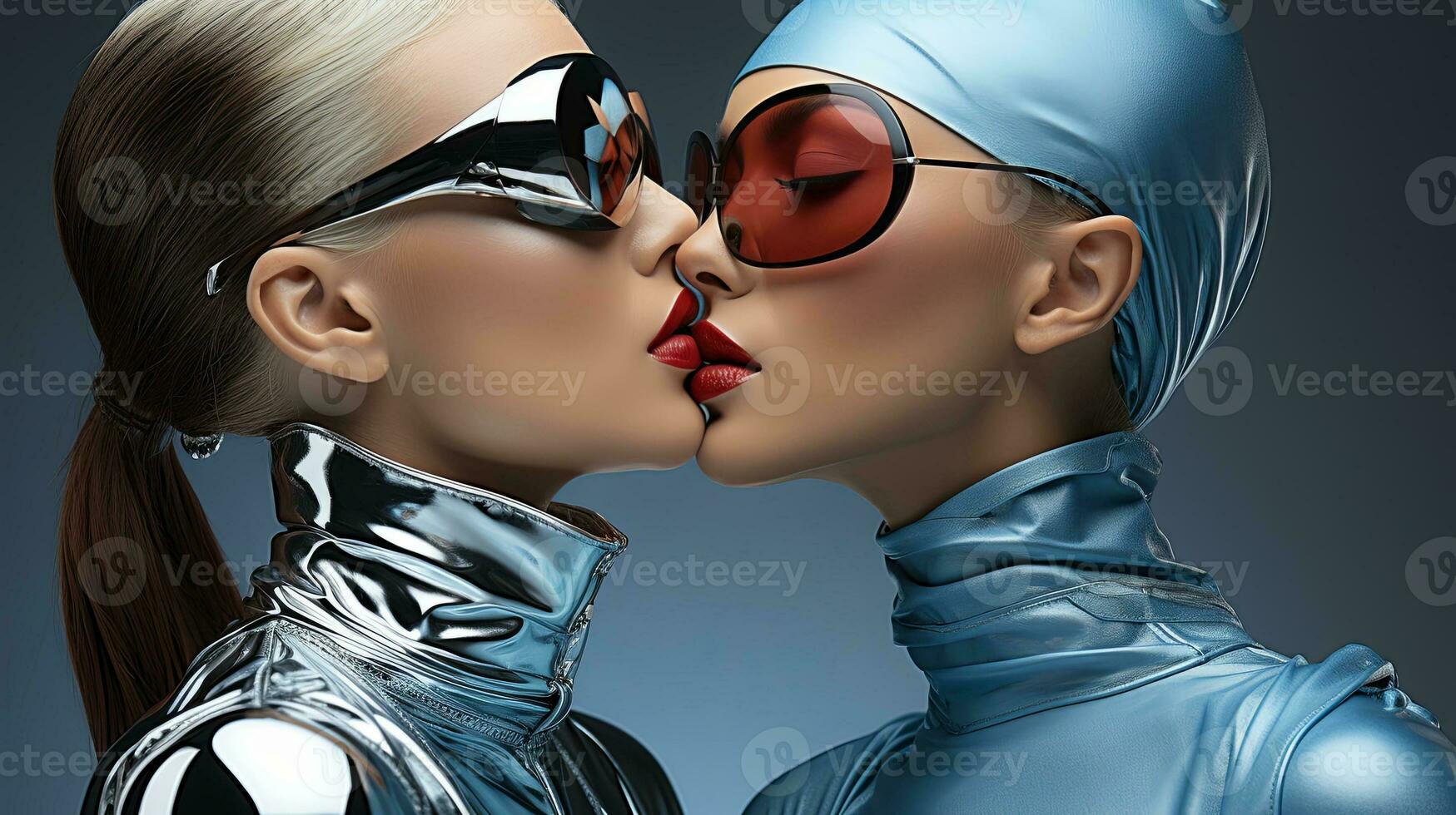 un dibujos animados de dos de moda mujer vistiendo gafas de protección y un brillante traje apasionadamente besos capturas el salvaje energía de cierto amar, ai generativo foto