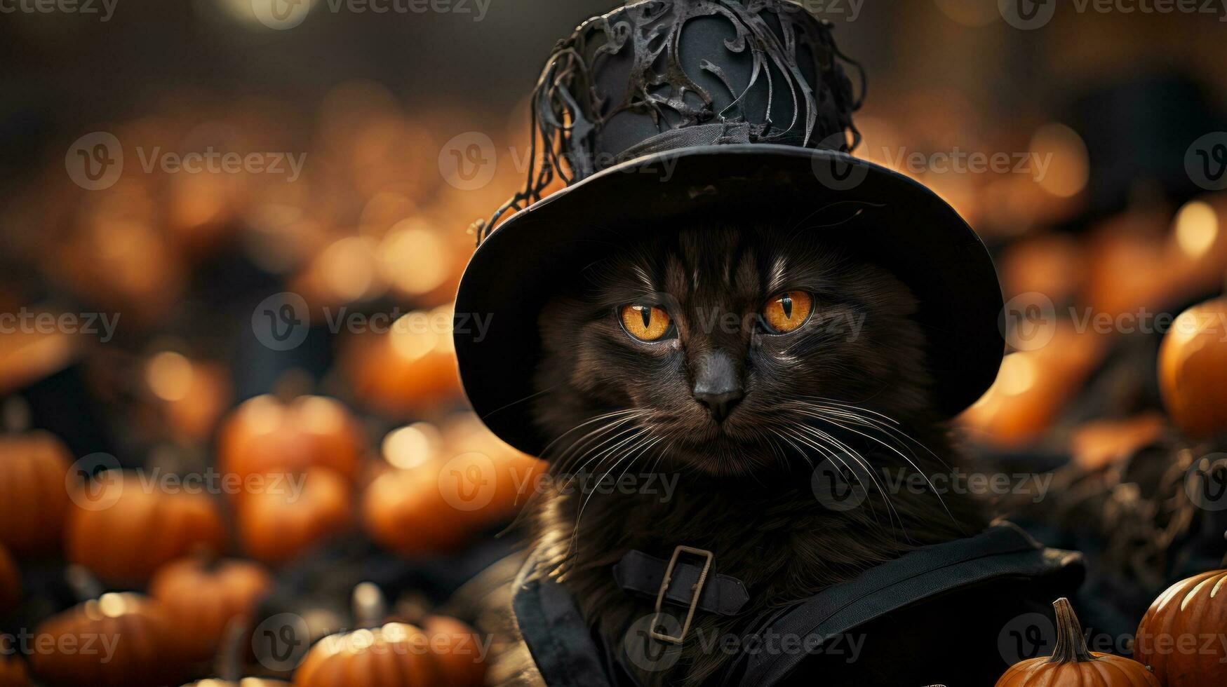 On halloween night, a mischievous cat dressed in a top hat and garment made of pumpkin and other vegetables delights in its status as both a beloved animal and spooky mammal, AI Generative photo