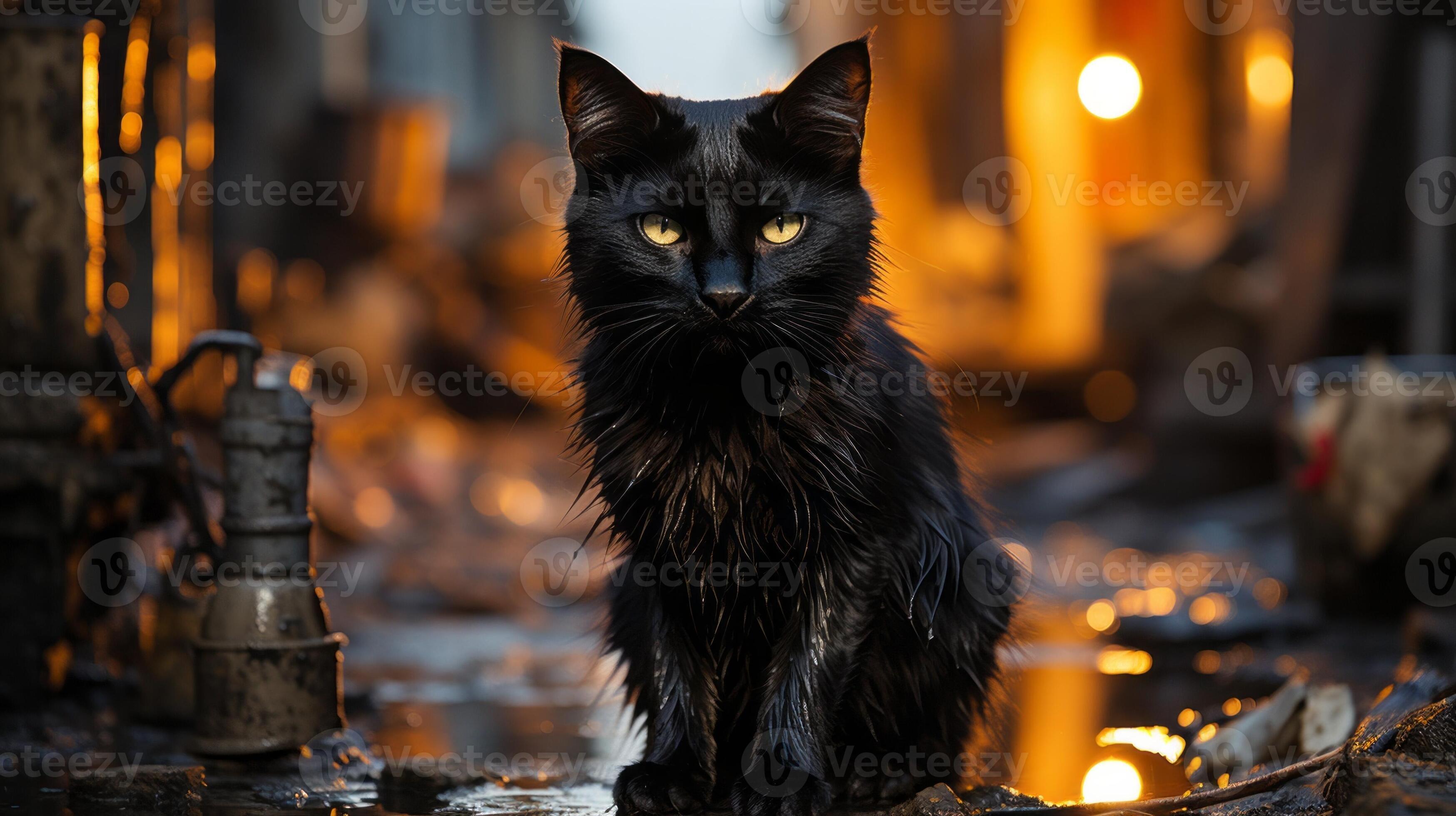 A black cat stands majestically on a wet surface, its candlelike