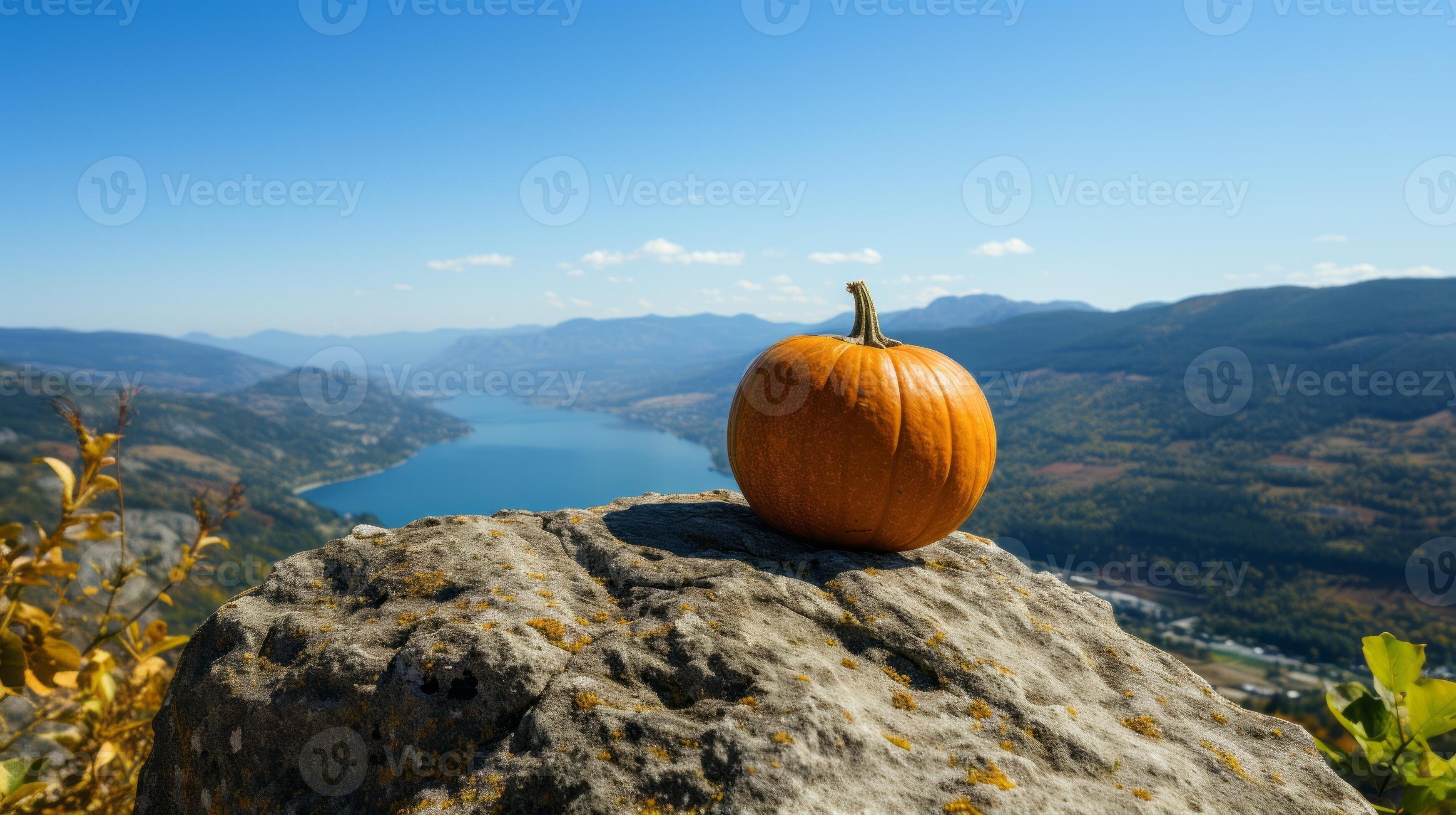 Against a backdrop of majestic mountains, a bright orange pumpkin sits atop a large, rocky 