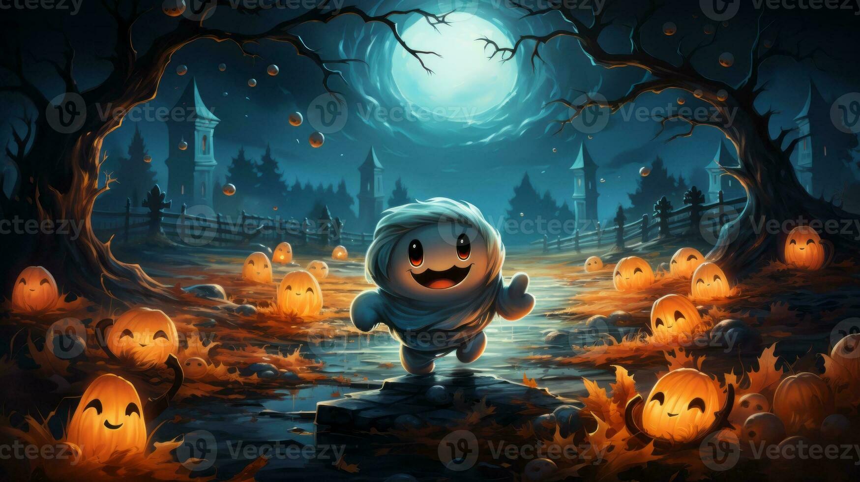 A whimsical cartoon character races along a winding path strewn with halloween pumpkins, their vibrant colors and shapes creating a lively atmosphere, AI Generative photo