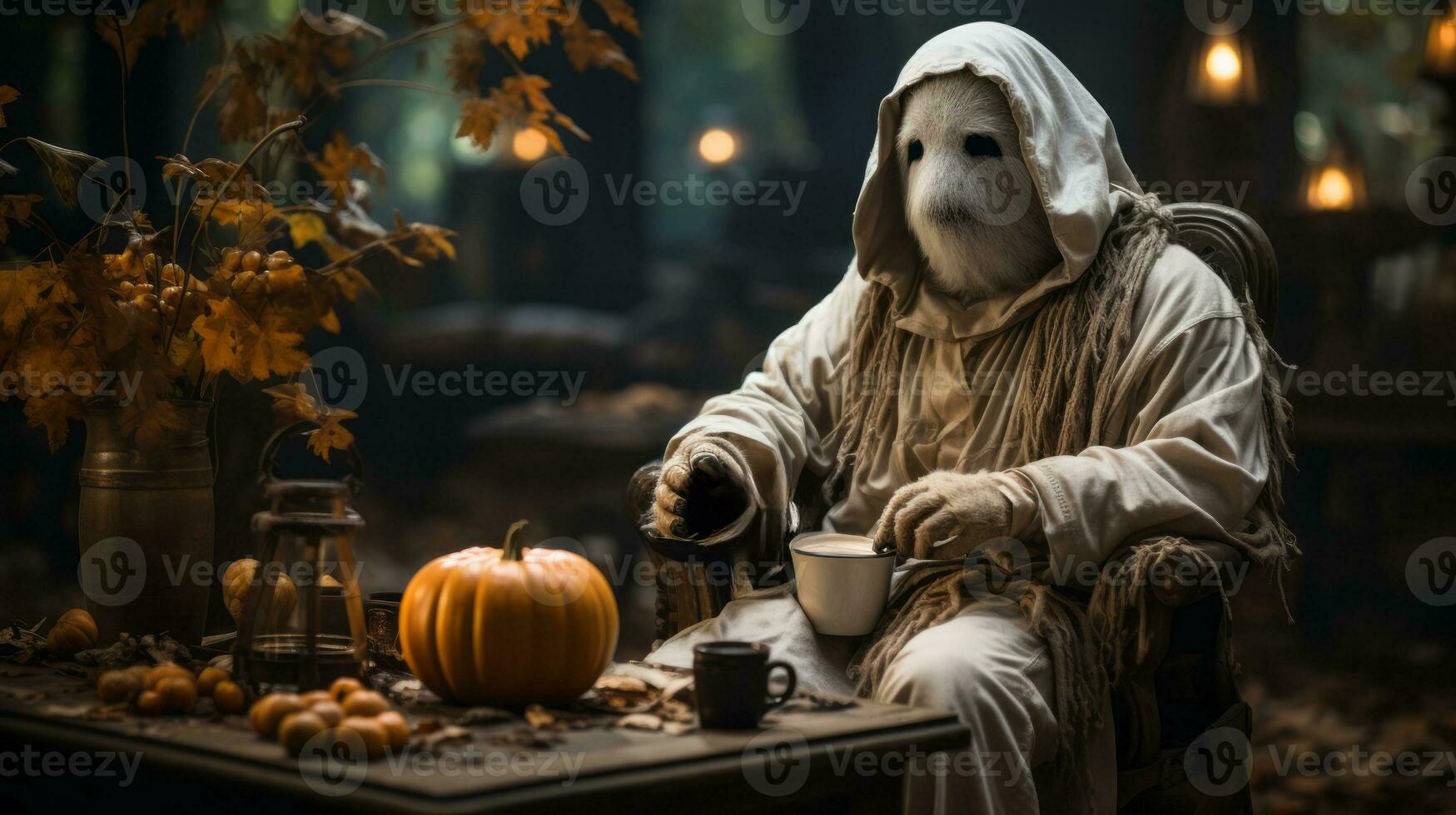 On a crisp autumn day, a ghost dressed in a festive pumpkin-inspired garment enjoys a warm cup of coffee while embracing the colorful spirit of halloween, AI Generative photo