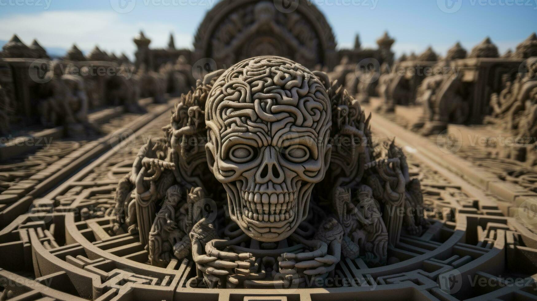 A stunning outdoor sculpture of a skull framed by the ethereal sky and ancient temple of borobudur evokes a feeling of awe and reverence, AI Generative photo