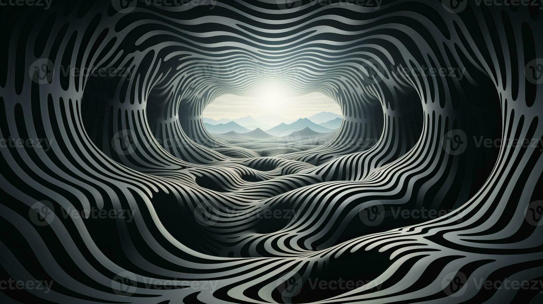 A stunningly symmetrical art piece depicting an abstract black and white tunnel illuminated by a single ray of sunshine, evoking a sense of awe and wonder, AI Generative photo