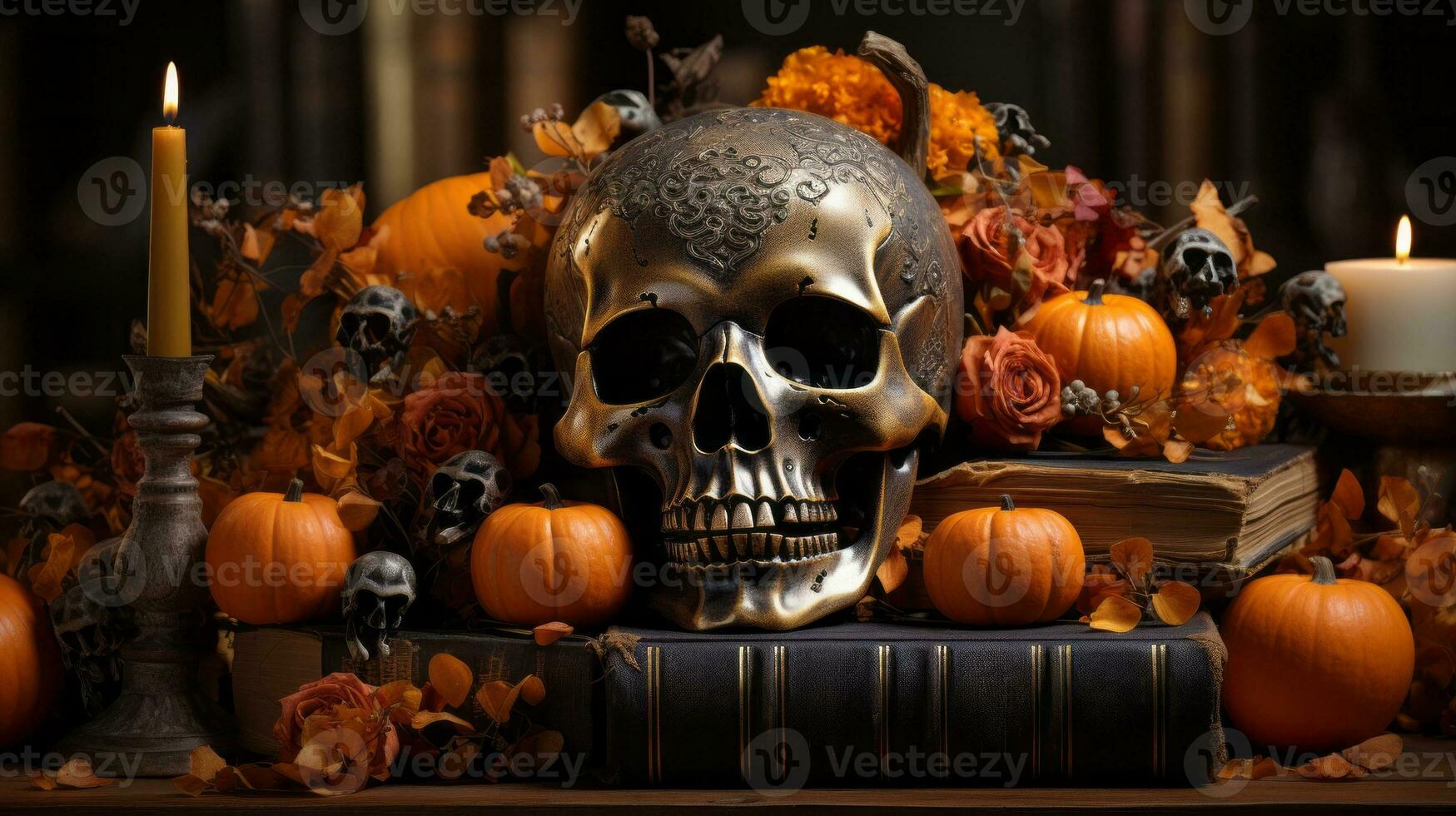 A skull and pumpkins on a book, AI Generative photo